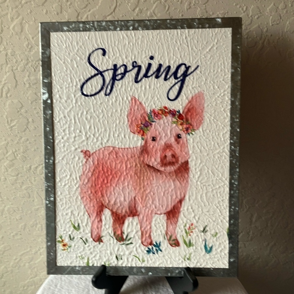 Pioneer Woman: Pink "Spring" Pig with Flowers Metal Sign Wall Decor
